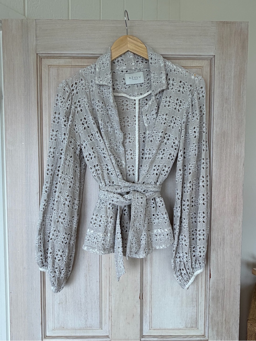 AZUL Crochet Eyelet Tie-Waist Blouse in Light Beige
